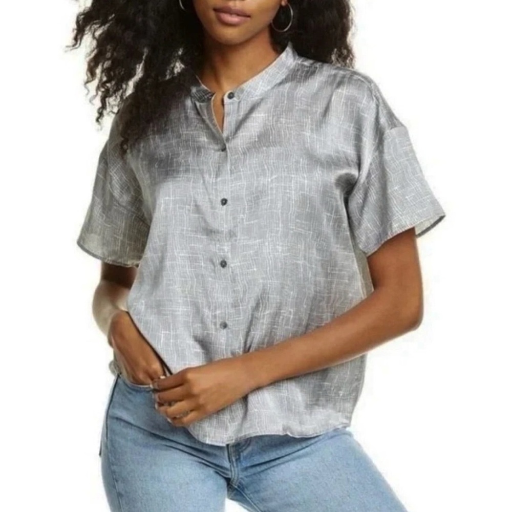 Eileen Fisher Drift Silk Mandarin Collar Short Sleeve Shirt Size Large